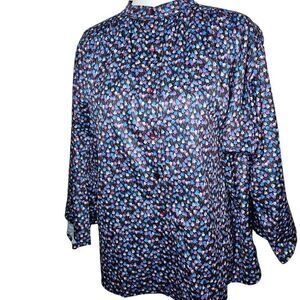 Vintage 70s Shirt Blouse Womens 2XL Blue Tulip Flowers Long Sleeve Polyester